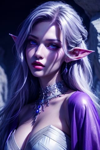 (Beauty photography:1.3), (purple - colored eyes:1.3), detailed skin texture, textured skin, visible skin detail, radiant skin, grey skin, juicy lips, Long Eyelashes, 1 photograph, detailed lips, portrait, 1 female, (white hair), purple eyes, high priestess outfit, priestess outfit, ((cave: background)), masterpiece, (dynamic pose)),Detailed face, detailed eyes, soft colors, (high-resolution:1.2),Fierce face, grey skin, dark skin, drow, elf ears, dark purple skin, black skin, 