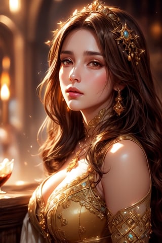 1 photograph, detailed lips, portrait, 1 female, (brown hair), brown hair, brown eyes, (beautiful face), medieval commoner dress, (glowing), ((tavern: background)),4k, masterpiece, (dynamic pose)),Detailed face, detailed eyes, soft colors, (high-resolution:1.2), 