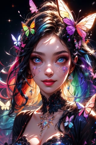 1 photograph,  detailed lips,  portrait,  1 female,  (dark blue hair), double bun, twintail, navy eyes, sparkling eyes), (beautiful face), smiling face, dark blue warlock outfit,  ((rainbow: background)), 4k,  masterpiece,  (dynamic pose)), Detailed face,  detailed eyes,  soft colors,  (high-resolution:1.2), yuzu detail, half body, cinematic lighting, High detailed, fairy wings, High detailed, butterfly wings,High detailed ,Color magic, music notes, Saturated colors,Saturated colors, young face, Color saturation, glitter on face, sparkling