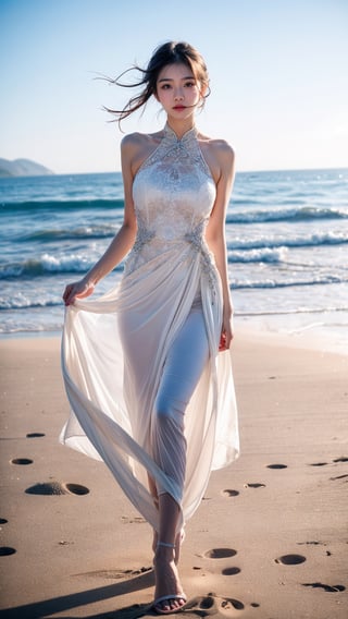 A beautiful Chinese girl looking forward is wearing a dress with white color. The girl is standing on the beach., which enhances her beauty, she looks stunningly beautiful