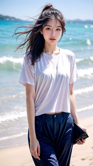 A beautiful Chinese girl looking forward is wearing a T-shirt with white color. The girl is standing on the beach., which enhances her beauty, she looks stunningly beautiful