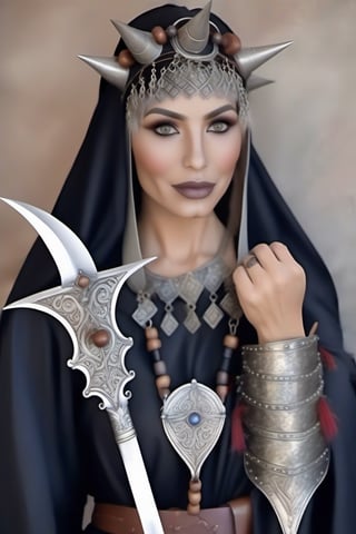 Mujer de edad madura con armadura elegante medieval con espada en la mano alzada,monster,isni,photo r3al