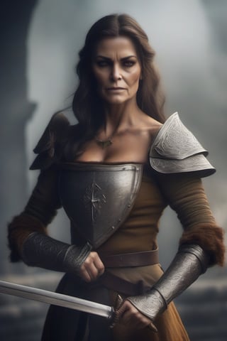 Mujer de edad madura con armadura elegante medieval con espada en la mano alzada,monster,isni,photo r3al,HellAI,fire