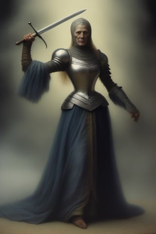 Mujer de edad madura con armadura elegante medieval con espada en la mano alzada,monster,isni,photo r3al,HellAI