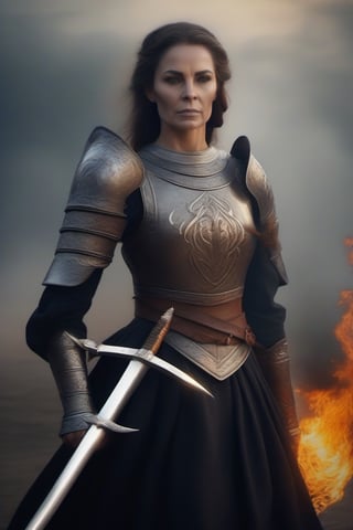 Mujer de edad madura con armadura elegante medieval con espada en la mano alzada,monster,isni,photo r3al,HellAI,fire