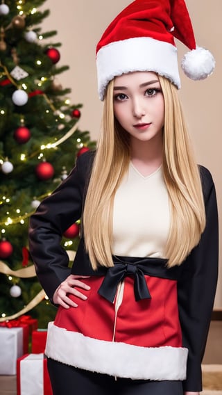 masterpiece,  best quality,  1girl,  solo,  gakuran,  christmas hat, christmas suit, long hair,  Naruto uzumaki,  long blonde hair,  spiked hair , n4rut0, facial mark,  forehead protector,  konohagakure symbol,izumi ran,transgirl