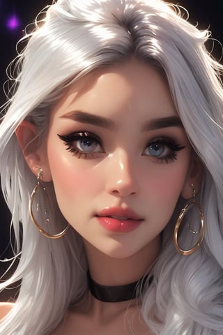 Close up portrait, female elf, silver hair, straight fringe, red eyes,black choker,  black eyeliner, gorgeous, beautiful eyes, septum_piercing, photo shoot ,Calmart, deep cleavage, medium boobs