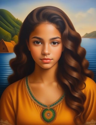 Create a captivating oil painting on canvas, portraying a 14-year-old Brazilian girl with caramel skin and tightly curled hair, with a close-up of her face. Intricately capture details using the oil medium on canvas. Draw inspiration from the oil portraits of Tarsila do Amaral, the oil paintings of Candido Portinari, and the oil on canvas technique of Di Cavalcanti. Craft a superior oil painting that seamlessly blends these influences into an outstanding portrayal.

