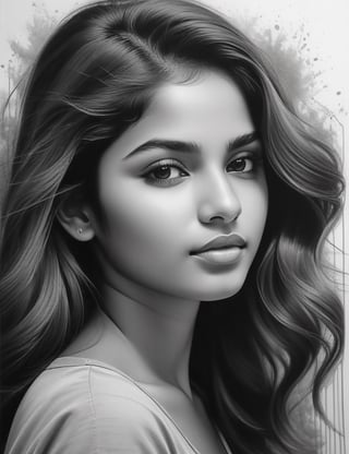 Create a compelling wall graffiti artwork portraying a 15-year-old girl from Pakistan using graphite. Pay meticulous attention to detail, capturing the caramel-toned skin and the combination of wavy and straight hair. The composition should be a close-up of her face, emphasizing the unique texture of her hair and the delicate features of her complexion. Use the graphite medium to convey the subtleties of her expression, ensuring a lifelike and expressive representation.

