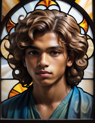 Create a captivating stained glass window artwork featuring a 16-year-old boy from Algeria. Pay meticulous attention to detail, capturing the caramel-toned skin and tightly curled, coiled hair. The composition should be a close-up of his face, highlighting the unique features of his complexion and the distinct curls of his hair. Use the stained glass medium to convey the subtleties of his expression, ensuring a lifelike and expressive representation.

