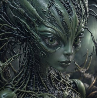 hyper realistic photography, 8k, green alien, very thin lips (big black eyes), full body, slim, long fingers, four fingered hands, precise details, piercing gaze, detailed skin, perfect colors, character, realistic, high resolution, detailed, intricate details, indirect lighting, cinematographic retro lighting, expression, mystery, fantasy, space,cyborg style