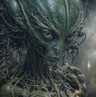 hyper realistic photography, 8k, green alien, very thin lips (big black eyes), full body, slim, long fingers, four fingered hands, precise details, piercing gaze, detailed skin, perfect colors, character, realistic, high resolution, detailed, intricate details, indirect lighting, cinematographic retro lighting, expression, mystery, fantasy, space,cyborg style