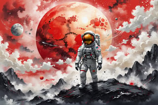 A detailed illustration muted chinese ink painting, muted colors, rice paper texture, splash paint, halo astronaut, one red sun. Venus. Space. Clouds wet to wet techniques. cvibrant vector. using Cinema 4D