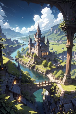 bird eye view, fantasy castle, fantasy village, landscape, river, forest, mountains, summer, stunningly beautiful, crisp, detailed, sleek, high contrast, cinematic, ultra detailed, intricate, professional