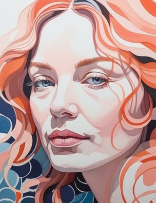 Create a vivid gouache art piece, portraying a 60-year-old French woman with fair skin and straight, wavy hair. Focus on a close-up of her face, intricately capturing details in the style of gouache art. Draw inspiration from the vibrant works of Lisa Congdon in gouache, gouache art by Audrey Kawasaki, and the delicate style of Agnes Cecile in gouache paintings. Craft a superior gouache art piece that seamlessly blends these influences into an outstanding portrayal.

