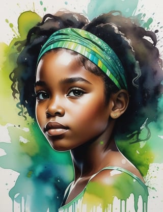 Craft a captivating splash artwork with vibrant watercolor-style colors, portraying a 10-year-old African girl with dark black skin and tightly curled, unified hair adorned with vibrant green highlights. Focus on a close-up of her face, intricately capturing details in the style of watercolor splashes. Draw inspiration from the vibrant works of Yellena James, the splash art of Corinne Viner, and the expressive watercolors of Joseph Zbukvic. Create a superior splash artwork that seamlessly blends these influences into an outstanding portrayal.

