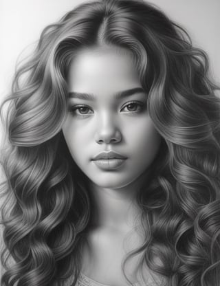 Create an intricate black and white pencil drawing artwork, portraying a 14-year-old girl of sertanejo origin with long, loose, and large curly hair. Focus on a close-up of her face, intricately capturing details in the style of black and white pencil drawing. Draw inspiration from the intricate details in pencil portraits by Diego Fazio, the expressiveness and realism in black and white portrait drawings by Paul Lung, and the unique style of Morgan Davidson in pencil portraits. Craft a superior black and white pencil drawing that seamlessly blends these influences into an outstanding portrayal.

