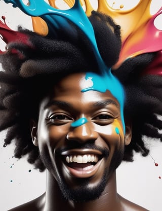 Craft a captivating splash artwork, portraying a joyful African man with rich black skin, and distinctive Afro-American-style Black Power hair. Focus on a close-up of his face, intricately capturing details in the dynamic and expressive medium of splash art. Draw inspiration from the splash photography of liquidART, the splash artworks of David Stenbeck, and the splash portraits of Alberto Seveso. Create a superior splash artwork that seamlessly blends these influences into an outstanding portrayal.

