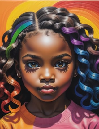 Create a vibrant crayon art piece, portraying a 10-year-old African-American girl with black skin and tightly curled, wavy hair. Focus on a close-up of her face, intricately capturing details in the style of crayon art. Draw inspiration from the colorful works of Tim Jeffs in crayon, crayon art by Don Marco, and the vibrant style of Ester Roi in crayon drawings. Craft a superior crayon art piece that seamlessly blends these influences into an outstanding portrayal.

