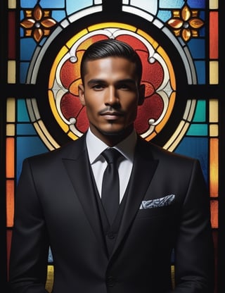 Envision the brilliance of stained glass artistry portraying a 30-year-old Colombian man. His deeply dark complexion serves as a striking canvas, contrasting with short, straight, blonde hair. In this close-up, the radiance of a glossy black suit accentuates his dignified presence. Illuminate the intricate details of his smooth, short hair, highlighting the subtleties in his eyes. Convey the cultural richness through the interplay of vibrant hues, capturing the essence of Colombian warmth and sophistication within the captivating medium of stained glass.

