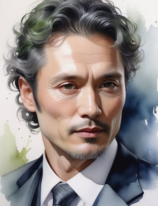 Capture the enigmatic presence of a 40-year-old Russian man with fair skin, slightly wavy, curly green-tinted hair, deep black eyes, and adorned in a luminous, glossy gray suit. Zoom in for a close-up of his face, immersing in the intricate details. Channel the aquarelle mastery of Cheng Lian, infuse the nuanced expressiveness seen in Anna Brigitta Kovacs' close-ups, and incorporate the subtle elegance of Keiko Tanabe's watercolor portraits. Deliver a superior watercolor masterpiece that seamlessly blends these influences into an exceptional portrayal.

