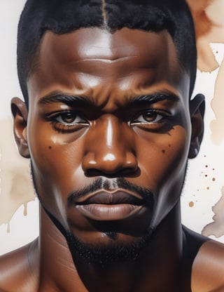 "Create a powerful 4K watercolor painting featuring an African man. Pay meticulous attention to details, highlighting his rich black skin tone, full lips, and muscular physique without a shirt. Focus on conveying emotion through his gaze. Keep the background simple. Aim for extreme details reminiscent of artists like Edoardo Gellner, Charles Demuth, and Elizabeth Peyton. Additionally, edit the final image using Adobe Premiere for an enhanced visual experience."

