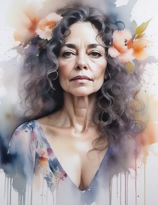 Capture the ethereal beauty of a Brazilian woman in her 50s with a rich, moreno skin tone and cascading, graying, curly hair. Focus on a close-up of her face, immersed in the delicate details of a floral dress. Channel the intricate aquarelle techniques of Agnes Cecile, infuse the portrait with the emotive depth seen in Katie Jobling's close-ups, and embody the subtle yet expressive portraiture style of Marcela Strasdas. Deliver a masterpiece that seamlessly blends these influences into a superior watercolor portrayal.

