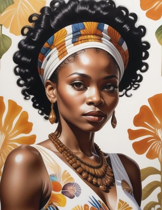 "Craft a stunning 4K watercolor painting depicting the grace of an African woman. Concentrate on intricate details, showcasing her deep black, short, curly hair, and a luminous white dress. The composition should offer a frontal, close-up view of her face. Aim for extreme details reminiscent of artists like Kehinde Wiley, Mary Whyte, and Wangechi Mutu."

