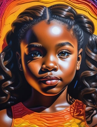 Create a vibrant crayon art piece, portraying a 10-year-old African-American girl with black skin and tightly curled, wavy hair. Focus on a close-up of her face, intricately capturing details in the style of crayon art. Draw inspiration from the colorful works of Tim Jeffs in crayon, crayon art by Don Marco, and the vibrant style of Ester Roi in crayon drawings. Craft a superior crayon art piece that seamlessly blends these influences into an outstanding portrayal.

