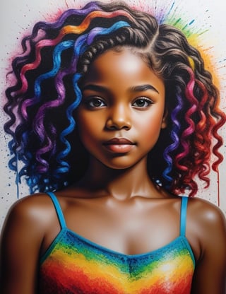 Create a vibrant crayon art piece, portraying a 10-year-old African-American girl with black skin and tightly curled, wavy hair. Focus on a close-up of her face, intricately capturing details in the style of crayon art. Draw inspiration from the colorful works of Tim Jeffs in crayon, crayon art by Don Marco, and the vibrant style of Ester Roi in crayon drawings. Craft a superior crayon art piece that seamlessly blends these influences into an outstanding portrayal.

