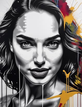 Create a captivating black and white wall splash artwork, portraying a close-up of the face of actress Gal Gadot. Intricately capture details in the style of wall splashes, focusing on the dynamic features of her expression. Draw inspiration from the black and white wall splash works of Ian Ross, the monochromatic mural art of Eduardo Kobra, and the distinctive style of Vhils in urban art. Craft a superior wall splash artwork that seamlessly blends these influences into an outstanding portrayal of Gal Gadot.

