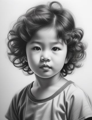 Create an intricate black and white pencil drawing artwork, portraying a 5-year-old Asian child with curly hair. Focus on a close-up of the child's face, intricately capturing details in the style of black and white pencil drawing. Draw inspiration from the intricate details in pencil portraits by Diego Fazio, the expressiveness and realism in black and white portrait drawings by Paul Lung, and the unique style of Morgan Davidson in pencil portraits. Craft a superior black and white pencil drawing that seamlessly blends these influences into an outstanding portrayal.

