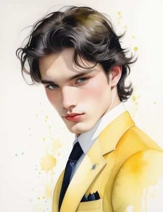 Illuminate the youthful vibrance of a 19-year-old Austrian man with fair skin, straight black hair, deep black eyes, and adorned in a luminous, glossy yellow suit. Focus on a close-up of his face, diving into the intricate details. Channel the aquarelle finesse of Birgit O'Connor, infuse the fantastical expressiveness seen in Stephanie Law's close-ups, and incorporate the refined portraiture style of Joseph Zbukvic's watercolor works. Deliver a superior watercolor masterpiece that seamlessly blends these influences into an exceptional portrayal.

