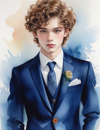 Evoke the youthful charm of a 15-year-old French boy with fair skin, caramel-colored curly hair, and deep black eyes, adorned in a vibrant, glossy blue suit. Zoom in for a close-up of his face, delving into the intricate details. Channel the aquarelle mastery of Cheng Lian, infuse the captivating expressiveness seen in Elena Romanova's close-ups, and incorporate the delicate portraiture style of Alena Kudriashova's watercolor works. Deliver a top-tier watercolor masterpiece that seamlessly blends these influences into an outstanding portrayal.

