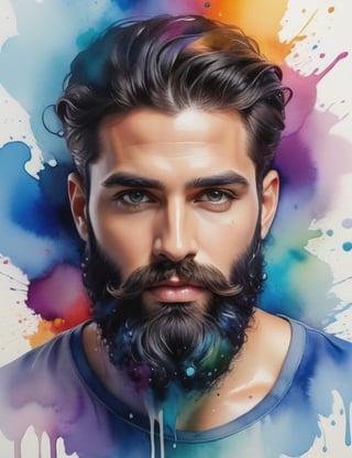 Craft a captivating splash artwork with vibrant watercolor-style colors, portraying a 30-year-old Israeli man with fair skin, a large black beard, and tightly curled, unified hair. Focus on a close-up of his face, intricately capturing details in the style of watercolor splashes. Draw inspiration from the vibrant works of Yellena James, the splash art of Corinne Viner, and the expressive watercolors of Joseph Zbukvic. Create a superior splash artwork that seamlessly blends these influences into an outstanding portrayal.

