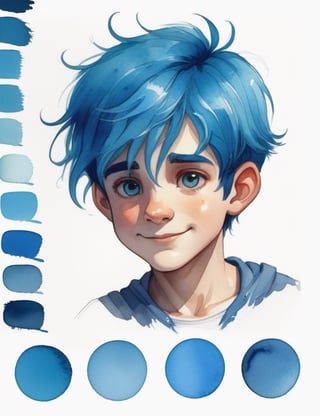 Blue hair boy character sheet, style by watercolor paint