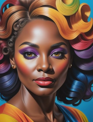 Create a vibrant crayon art piece, portraying a 50-year-old Russian woman with black skin, and tightly curled, wavy hair. Focus on a close-up of her face, intricately capturing details in the style of crayon art. Draw inspiration from the colorful works of Tim Jeffs in crayon, crayon art by Don Marco, and the vibrant style of Ester Roi in crayon drawings. Craft a superior crayon art piece that seamlessly blends these influences into an outstanding portrayal.

