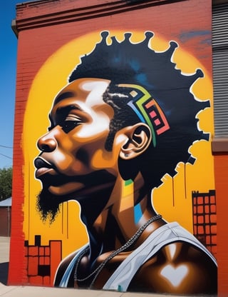 Create a striking urban mural on a wall, depicting a 20-year-old African man with rich black skin and short, coiled hair. Focus on a close-up of his face, intricately capturing details. Draw inspiration from the thought-provoking urban art of Banksy, the vibrant and colorful murals of Eduardo Kobra, and the raw, emotional graffiti style of Faith47. Craft a superior urban mural that seamlessly blends these influences into an outstanding portrayal.

