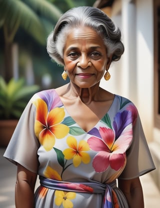 Create a vivid watercolor painting featuring an elderly Brazilian woman, around 70 years old. Emphasize her rich, dark skin tone and gracefully curled, gray hair. The focal point should be a close-up of her face, capturing the beauty of her aged features. She wears a floral dress that complements the vibrancy of the watercolor medium, highlighting the essence of her cultural heritage.

