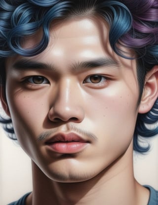 Create a detailed colored pencil artwork, portraying a 20-year-old Asian man with white skin, spiky and curly hair, drawn on a sheet. Focus on a close-up of his face, intricately capturing details in the style of colored pencil art. Draw inspiration from the intricate details of Marco Mazzoni's colored pencil art, the colorful and expressive works of Polina Bright, and the realistic and detailed style of Karla Mialynne in colored pencil drawings. Craft a superior colored pencil artwork that seamlessly blends these influences into an outstanding portrayal.

