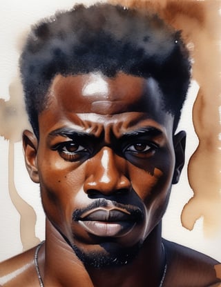 "Create a powerful 4K watercolor painting featuring an African man. Pay meticulous attention to details, highlighting his rich black skin tone, full lips, and muscular physique without a shirt. Focus on conveying emotion through his gaze. Keep the background simple. Aim for extreme details reminiscent of artists like Edoardo Gellner, Charles Demuth, and Elizabeth Peyton. Additionally, edit the final image using Adobe Premiere for an enhanced visual experience."

