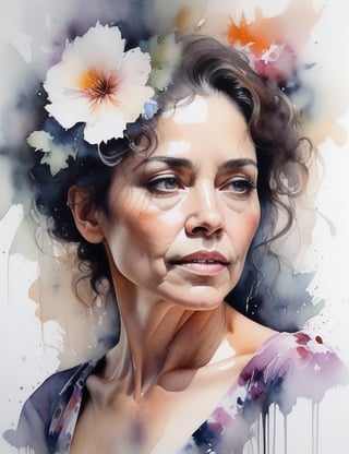 Capture the ethereal beauty of a Brazilian woman in her 50s with a rich, moreno skin tone and cascading, graying, curly hair. Focus on a close-up of her face, immersed in the delicate details of a floral dress. Channel the intricate aquarelle techniques of Agnes Cecile, infuse the portrait with the emotive depth seen in Katie Jobling's close-ups, and embody the subtle yet expressive portraiture style of Marcela Strasdas. Deliver a masterpiece that seamlessly blends these influences into a superior watercolor portrayal.

