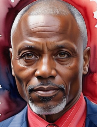 Illuminate the dignity of a 50-year-old African man with rich, ebony skin, caramel-colored coiled hair, and piercing blue eyes, adorned in a vibrant, glossy red suit. Focus on a close-up of his face, capturing the intricate details. Channel the aquarelle mastery of Alvaro Castagnet, infuse the vibrant expressiveness seen in Dean Crouser's close-ups, and embody the subtle elegance of Keiko Tanabe's watercolor portraits. Deliver an extraordinary watercolor masterpiece that seamlessly blends these influences into a superior portrayal.

