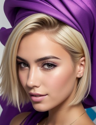 Create a vibrant graffiti mural portraying a 20-year-old Spanish woman with short, straight, blonde hair, fair skin, and wearing a shiny purple dress. Emphasize a close-up of her face, capturing the essence of her personality and style. Let the graffiti style blend with the details of her features, ensuring an urban and dynamic feel.

