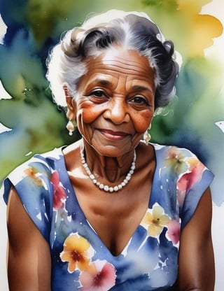 Create a vivid watercolor painting featuring an elderly Brazilian woman, around 70 years old. Emphasize her rich, dark skin tone and gracefully curled, gray hair. The focal point should be a close-up of her face, capturing the beauty of her aged features. She wears a floral dress that complements the vibrancy of the watercolor medium, highlighting the essence of her cultural heritage.

