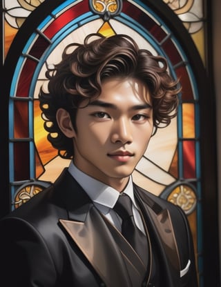 Channel the luminosity of stained glass painting to depict a 20-year-old Asian man. His fair complexion serves as a radiant canvas, complementing the caramel hues of his curly, coiled hair. In this close-up, the brilliance of a glossy black suit accentuates his refined presence. Illuminate the intricate details of his textured, curly hair, capturing the nuanced expressions in his eyes. Convey the cultural essence through the interplay of vibrant hues, allowing the stained glass medium to showcase the uniqueness and sophistication of this young man.

