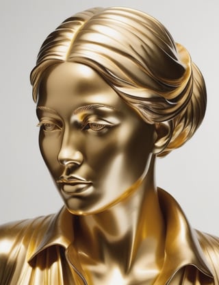 Craft an opulent gold sculpture, portraying a 40-year-old Russian woman with straight and slightly wavy hair. Focus on a close-up of her face, intricately capturing details in the style of gold sculptures. Draw inspiration from the gold sculptures of Marc Quinn, the golden works of Damien Hirst, and the refined style of Francesco Jerace in sculpture. Create a superior gold sculpture that seamlessly blends these influences into an outstanding portrayal.

