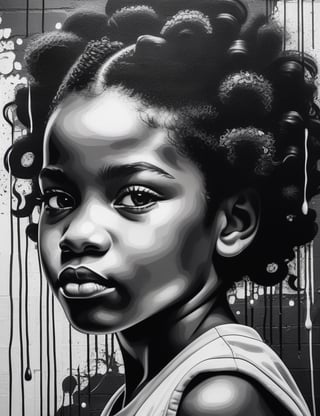 Create a captivating black and white wall splash artwork, portraying a 10-year-old African girl with straight and curly hair. Focus on a close-up of her face, intricately capturing details in the style of wall splashes. Draw inspiration from the black and white wall splash works of Ian Ross, the monochromatic mural art of Eduardo Kobra, and the distinctive style of Vhils in urban art. Craft a superior wall splash artwork that seamlessly blends these influences into an outstanding portrayal.

