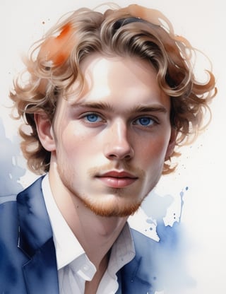 Illuminate the youthful energy of a 20-year-old Norwegian man with fair skin, slightly wavy, curly hair, captivating blue eyes, and adorned in a luminous, glossy orange suit. Focus on a close-up of his face, diving into the intricate details. Channel the aquarelle finesse of Birgit O'Connor, infuse the emotive depth seen in Agnes Cecile's close-ups, and incorporate the refined portraiture style of Thomas W. Schaller's watercolor works. Deliver a superior watercolor masterpiece that seamlessly blends these influences into an exceptional portrayal.

