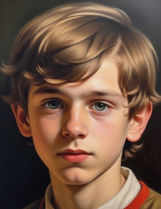 Create a captivating fusion of oil painting and isometric art on a canvas, depicting a 15-year-old Swiss boy with fair skin, short, coiled hair. Focus on a close-up of his face, intricately capturing details. Draw inspiration from the mastery of Rembrandt's oil paintings, the playful isometric compositions of eBoy, and the emotive quality of Ivan Kramskoi's oil portraits. Craft a superior artwork that seamlessly blends these influences into an outstanding portrayal.

